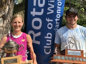 Rachel Hannah, left, of Port Elgin was the top female finisher and Mike Tate of London was the overall winner in the Rotary Club of Wiarton’s Shore to Shore Race from Oliphant to Wiarton on Monday, August 1, 2022.