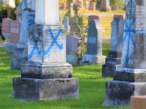 An estimated 220 gravestones were vandalized with all manner of spray paint at St. James Roman Catholic Cemetery in Belleville, Ont., last November. Such vandalism is a testament to lack of responsibility and ‘no place is sacred,’ writes Gene Monin. DEREK BALDWIN