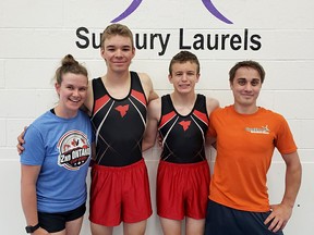 Connor MacDonald and Hector Loiselle, representatives of the Sudbury Laurels and GymZone at the recent national championships, pose for a photo with coaches Ali Weslake and Graham Boland. Supplied