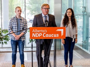 NDP Critic for Advanced Education David Eggen was joined by two post-secondary students in Edmonton on Tuesday, Aug. 2, to discuss the details of new cuts to grants for Alberta students. Photo Supplied.