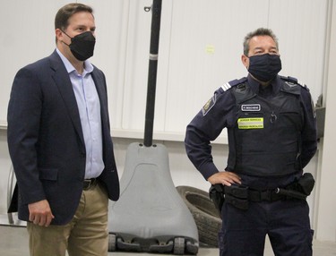 Public Safety Minister Marco Mendicino and chief of operations Patrick Deschene at Canada Border Services Agency at International Bridge in Sault Ste. Marie, Ont., on Wednesday, Aug. 3, 2022. (BRIAN KELLY/THE SAULT STAR/POSTMEDIA NETWORK)