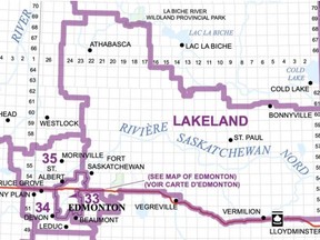 To balance population growth over the past decade, the Federal Electoral Boundaries Commission for Alberta is proposing to split the federal riding of Sherwood Park-Fort Saskatchewan into Sherwood Park-Beaumont and Lakeland. Graphic courtesy Federal Electoral Boundaries Commission for Alberta