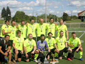 Players from Sault Ste. Marie posed for a photo to celebrate their victory in the men's open division at the 2022 Sudbury Star Cup soccer tournament.