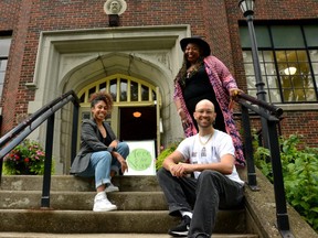 The cast and crew of Here For Now Theatre's production of Every Day She Rose are excited to welcome members of the Black community to the theatre company's first Black Out Night performance, a recent trend started in New York City in 2019 aimed at making theatre, particularly Black stories, more accessible and inclusive for Black audiences. Pictured are Every Day She Rose associate director Tiffany Deriveau, actor Robbie Towns who plays Mark/Nick in the play, and actor Jenni Burke who plays Cathy Ann/Andrea. (Galen Simmons/The Beacon Herald)