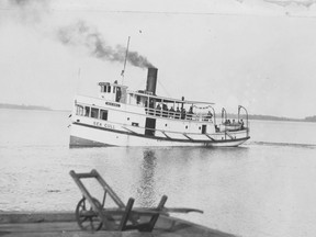The Sea Gull, helmed by Mac Masson, brought logs from Sturgeon Falls to be milled in Callander / Photo courtesy of the Callander Bay Heritage Museum