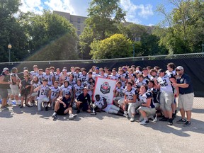 Sudbury Junior Spartans players and staff celebrate their Ontario Summer Football League U16 AA championship in London, Ontario on Saturday, August 6, 2022.