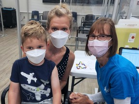 Stratford mom Kelly Durand says she’s relieved that her youngest son, Alexander, 4, has finally had his first COVID-19 shot. Alexander got his shot from Huron Perth public health nurse Veronica Kolkman at Stratford’s first clinic for children six months to five years old. (Contributed photo)