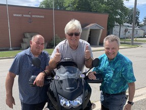 Fred Beale, president of the Brant Naval Veterans Association, William Brent Goodnough, of the Canadian Mental Health Association Brant-Haldimand-Norfolk and Doug Hunt of Participation Support Services are gearing up for this year's Ride To Thrive, sponsored by the Brantford Lions Club. The ride takes place Aug. 13.