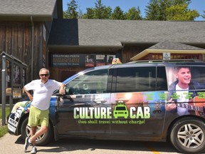 In partnership with Stratford Festival, Stratford Summer Music, Destination Stratford and four local taxi companies, Stratford Perth Museum launched a new Culture Cab program this week. Museum, four theaters of the Stratford Festival, festival warehouse and archives. The museum's general manager, John Kastner, poses with a specially wrapped Culture Cab in front of the Stratford Perth Museum.  (Gallen Simmons/Beacon Herald)