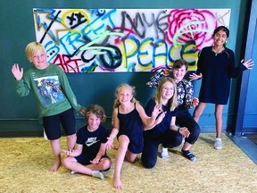 (L-R) Gage Powleland, Ethan Chandler, Elowyn Team, Eva Armstrong, Ella Armstrong and Arya Mattu made up the six youth actors who took part in RuminariLive Arts’ “Theatre on the Move” summer camp program. (Supplied)