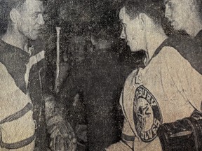 In this Sudbury Star newspaper clipping, Dave Keon, right, shakes hands with an opponent during his post-season stint with the Sudbury Wolves of the Eastern Professional Hockey League in 1960.