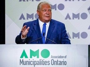 Ontario Premier Doug Ford speaks at the Association of Municipalities Ontario AGM on Monday, Aug. 15, 2022 PHOTO BY ERROL MCGIHON /Postmedia