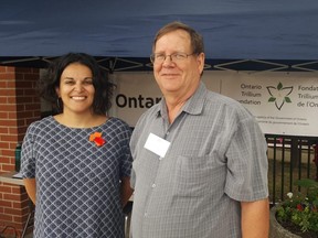 Fannie Vavoulis, an Ontario Trillium Foundation volunteer, is shown with Henry Van Haren, president of the Wallaceburg & District Historical Society, on Saturday. The museum received a $50,000 OTF grant to make a number of improvements. (Trevor Terfloth/The Daily News)