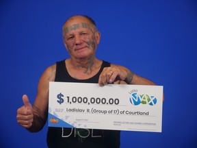 Ladislav Ratkovic of Courtland travelled to the OLG Lotto Centre in Toronto to pick up the $1 million he and 16 co-workers won in the March 22 Maxmillions draw. CONTRIBUTED