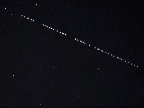 Similar to this Youtube image, a straight line of bright dots resembling stars moved slowly across Quinte's night sky shortly after sunset Saturday catching the attention of onlookers enjoying the outdoors on a clear summer night.