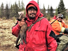 Sgt. Christopher Koostachin, holding a trapped marten, led the successful Canadian Ranger search team that found two 17-year-old youths stranded near Hudson Bay. WARRANT OFFICER RON WEN/CANADIAN RANGERS