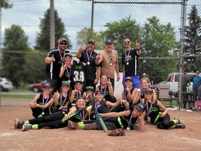 The Goderich Seahawks U11 Girls Fastball Team came away from an Aug. 13-14 tournament in Stratford as A Champions. They went a perfect 5-0 in tournament games. Pictured in front are Maeve Rivera, Teagan Regier, Kylie Illemann and Storm Dynes; in middle, Hazel Dickson, Avery MacPhee, Erin Stanley, Halle Corriveau, Georgia Gusso, Shea-Lynn Bradley and Paisly McMillian; and in back, coach Jon Collins, Arlen Collins, coaches Matt MacPhee, Peter Gusso and Shea Bradley. Absent are Sarah Evans and coach Jamie Stanley. Handout