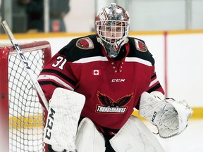 Wallaceburg Thunderhawks goalie Jacob Lister plays in a Provincial Junior Hockey League game in the 2019-20 season. Mark Malone File Photo