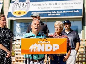 On Thursday, August 18, (centre) Bill Tonita — Strathcona On Thursday, August 18 outside of Nonnie's Grill and Artisan Shop in South Cooking Lake, (centre) Bill Tonita — Strathcona County Ward 4 councillor and Strathcona-Sherwood Park NDP candidate, (left) Heather Sweet, MLA for Edmonton-Manning and the Agriculture and Rural Economic Development Critic, (right) Karen Shaw (NDP candidate for Morinville-St. Albert and former Sturgeon County councillor), and Strathcona County councillors Katie Berghofer, Glen Lawrence and Aaron Nelson attended a press conference about the lack of progress to improve rural broadband internet by the provincial government. Photo courtesy Alberta NDP