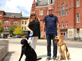 Thanks to the affordable support and training from The Seeing Eye, blind Canadians like Stratford resident Marlin Nagtegaal (right) have access to service dogs that help with everyday tasks from buying groceries to navigating busy sidewalks to get from one place to another. Pictured are Canadian Seeing Eye board chair and Stratford resident Karon Bales, her dog, Henry, who was trained as a Seeing Eye guide dog but did not pass the medical examination, Nagtegaal, and his guide dog, Champ. (Galen Simmons/The Beacon Herald)