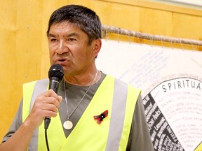 Danny Metatawabin began his comments at the Timmins Native Friendship Centre on Tuesday in Cree, calling on Treaty 9 chiefs to consult with their people before signing any more resource development agreements. “The Creator told us to work as equal nations,” he said. “But sometimes we create obstacles that neglect the people.” NICOLE STOFFMAN/THE DAILY PRESS