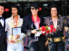 Top winners, left to right, with their trophies following presentation at the 10th annual Tweed Elvis Festival last weekend are: Matt Cage, Belleville, fifth;  Anthony Joseph, Hamilton, fourth; Lee Alexander, Surrey, England, third;  Sylvain Leduc,  Valleyfield, Que, second;  Oliver Steinhoff, Niedersachsen, Germany, first. JACK EVANS