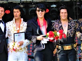 Top winners, left to right, with their trophies following presentation at the 10th annual Tweed Elvis Festival last weekend are: Matt Cage, Belleville, fifth;  Anthony Joseph, Hamilton, fourth; Lee Alexander, Surrey, England, third;  Sylvain Leduc,  Valleyfield, Que, second;  Oliver Steinhoff, Niedersachsen, Germany, first. JACK EVANS