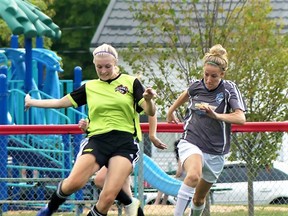 Rachel Vanderlaan, left, of the South Huron Rush during her team's 1-0 loss to North Huron on Aug. 21.
