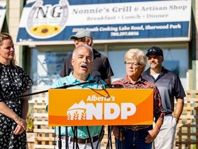 On Thursday, Aug. 18, local politicians gathered outside Nonnie's Grill and Artisan Shop in South Cooking Lake to discuss the lack of progress to improve rural broadband internet  by the provincial government. Photo courtest Alberta NDP.