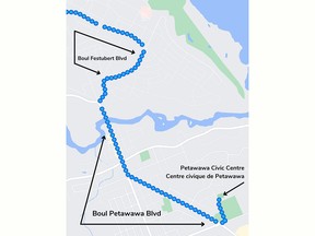 A map showing the route the Stanley Cup will take atop a LAV from Garrison Petawawa to the Civic Centre between 5:30 p.m. and 6 p.m. on Aug. 30. Map provided by DND