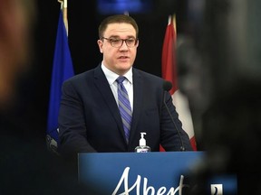 Finance Minister Jason Nixon speaks at a news conference in Edmonton on October 25, 2021. PHOTO BY ED KAISER/POSTMEDIA