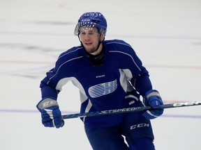 Sudbury Wolves forward Nathan Villeneuve participates in a scrimmage during prospect orientation camp at Sudbury Community Arena in Sudbury, Ontario on Tuesday, August 30, 2022.