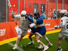 Parkland Posse alumni Jonah Borynec (left) led Team Alberta to its very first box lacrosse medal (bronze) at the Niagara 2022 Canada Summer Games. Photo submitted.
