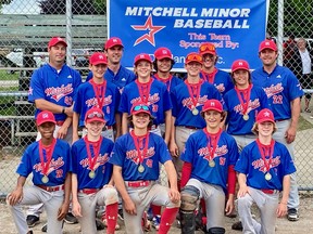 The Mitchell D.L. Hannon 15U Minor baseball team won the WOBA consolation #1 championship in Listowel Aug. 19-21. Team members are back row (left): Coach Jeff Hannon, Coach Chad Verberne, Matthew Menheere, Ryan Klumper, Coach Mike Jarmuth. Middle row (left): Max Hannon, Braden Hoegy, Charlie Wolfe, Carter Dunseith. Front row (left): Elijah Bender, Landon Van Bakel, Ethan Jarmuth, Logan Verberne, Jonah Gibbings. Absent was Trae Nielsen.