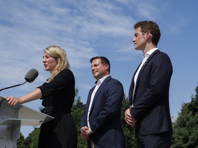 Minister of Foreign Affairs Melanie Joly speaks alongside the minister of Public Safety, Marco Mendicino, and MP Yvan Baker, during a press conference announcing new gun control laws, in Toronto, Friday, Aug. 5, 2022. THE CANADIAN PRESS/Cole Burston