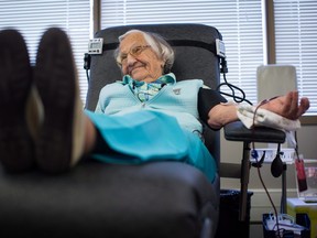 Beatrice Janyk, 95, donates blood at Canada Blood Services in Vancouver, B.C., on Wednesday April 18, 2018. Canadian Blood Services is calling on donors to book and keep appointments as it continues to face challenges in collecting blood products.THE CANADIAN PRESS/Darryl Dyck