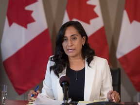 Minister of National Defence Anita Anand speaks during a press conference in Toronto, on Thursday, August 4, 2022.&ampnbsp;Anand says Canada helped on Tuesday to rescue two miners trapped underground in the Dominican Republic.&ampnbsp;CANADIAN PRESS/ Tijana Martin