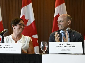 Minister of Health Jean-Yves Duclos applauds after announcing Dr. Leigh Chapman as Canada’s Chief Nursing Officer during a news conference in Ottawa, on Tuesday, Aug. 23, 2022. THE CANADIAN PRESS/Justin Tang