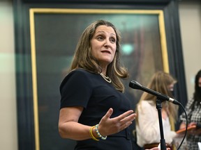 Deputy Prime Minister and Minister of Finance Chrystia Freeland speaks to reporters before heading to Question Period in the House of Commons on Parliament Hill in Ottawa on Thursday, June 23, 2022. The RCMP says it is investigating an incident last Friday in which Deputy Prime Minister Chrystia was subjected to a profane tirade in Grand Prairie, Alta.THE CANADIAN PRESS/Justin Tang