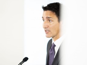Prime Minister Justin Trudeau speaks at a media availability following a roundtable meeting that he and the Ahmed Hussen, Minister of Housing, Diversity and Inclusion had with local delegates at the Country Hills Library in Kitchener, Ont. on Aug. 30, 2022. THE CANADIAN PRESS/Peter Power