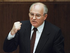 FILE - Soviet President Mikhail Gorbachev says in Moscow that a local military commander ordered the use of force in the breakaway republic of Lithuania, where an assault by Soviet troops on Jan. 13, 1991 claimed 14 lives. Russian news agencies are reporting that former Soviet President Mikhail Gorbachev has died at 91. The Tass, RIA Novosti and Interfax news agencies cited the Central Clinical Hospital. (AP Photo/Boris Yurchenko, File)