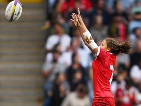 Canada's Breanne Nicholas reaches for the ball in a lineout during the women's bronze-medal rugby sevens match against New Zealand at the Commonwealth Games at Coventry Arena in Coventry, England, on July 31, 2022. (Photo by Paul Ellis/AFP via Getty Images)