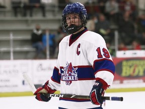 Strathroy Rockets' Carson Perry (19) plays against the Chatham Maroons at Chatham Memorial Arena in Chatham, Ont., on Sunday, Feb. 27, 2022. Mark Malone/Chatham Daily News/Postmedia Network