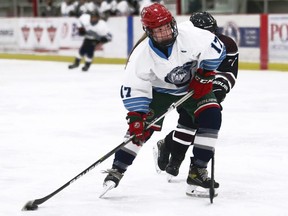 Ursuline Lancers' Abby Stonehouse (17) plays against the Wallaceburg Tartans in an LKSSAA girls' hockey game at Chatham Memorial Arena in Chatham, Ont., on Wednesday, March 2, 2022. Mark Malone/Chatham Daily News/Postmedia Network