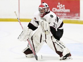 Chatham Maroons goalie Trevor Heslop plays against the Leamington Flyers during a GOJHL exhibition game at Thames Campus Arena in Chatham, Ont., on Saturday, Aug. 27, 2022. Mark Malone/Chatham Daily News/Postmedia Network