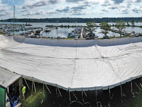 A drone shot of the Owen Sound Salmon Spectacular tent as it is slowly raised into position on Wednesday, Aug. 24, 2022 in Owen Sound, Ont. The derby starts Friday. (Gem Webb Inc. photo)