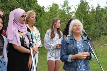 Sharon Roy, of Coalition for a Liveable Sudbury, speaks at the Fridays For Future fourth anniversary press conference.