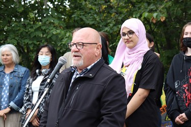 Sudbury Mayor Brian Bigger speaks at the Fridays For Future fourth anniversary press conference.