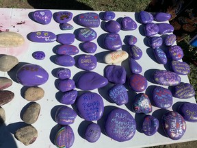 Commemorative rocks at Overdose Awareness Day in Prince George on Aug. 31, 2022.
