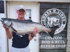 Mark Aljoe, of Durham, with his winning Chinook salmon caught Aug. 1, 2022 in Chantry Chinook Salmon Derby which wrapped up Sunday. (Lures N Lines photo)